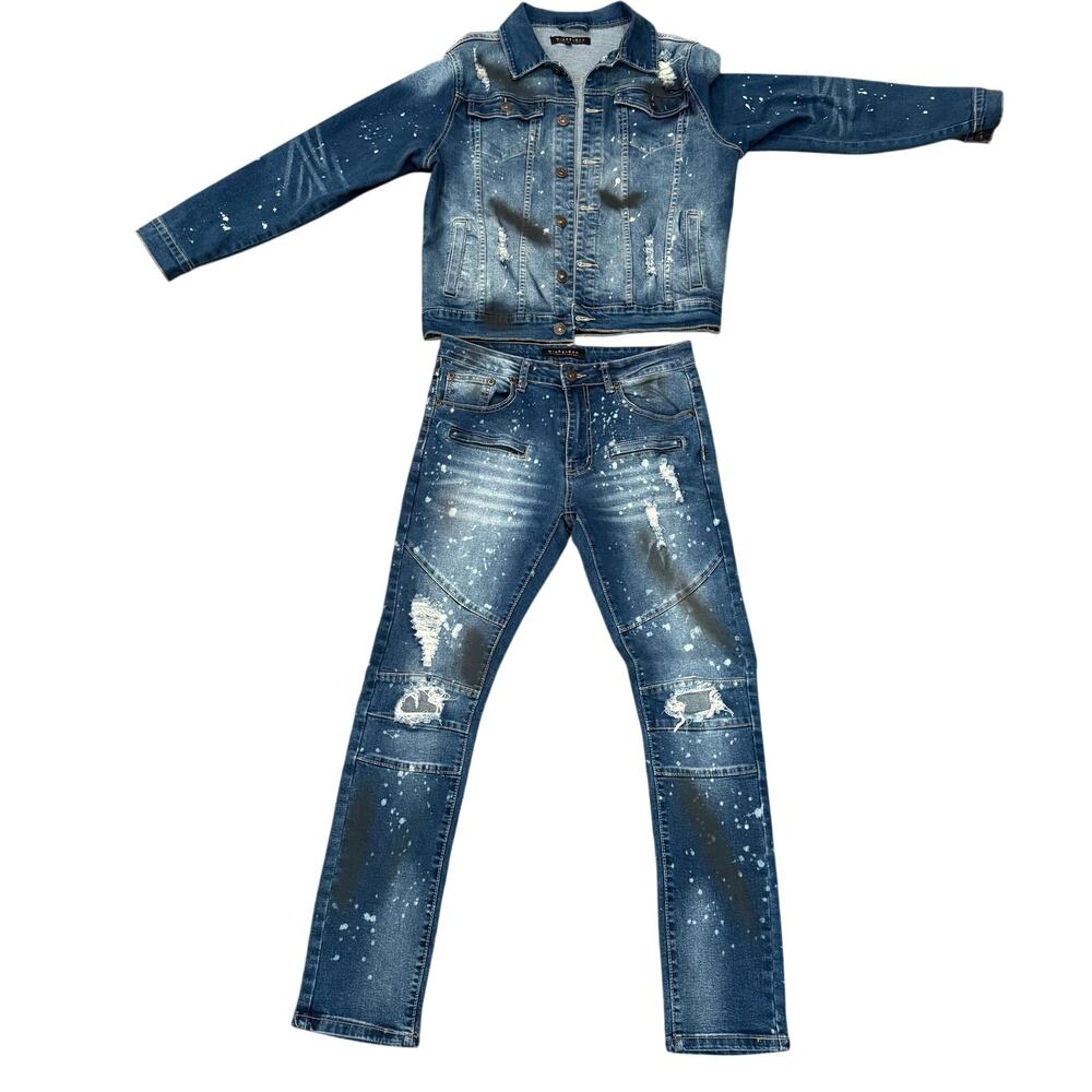 M Society Matching Denim Set Jacket M Jeans 32x32 Distressed Paint Splatter